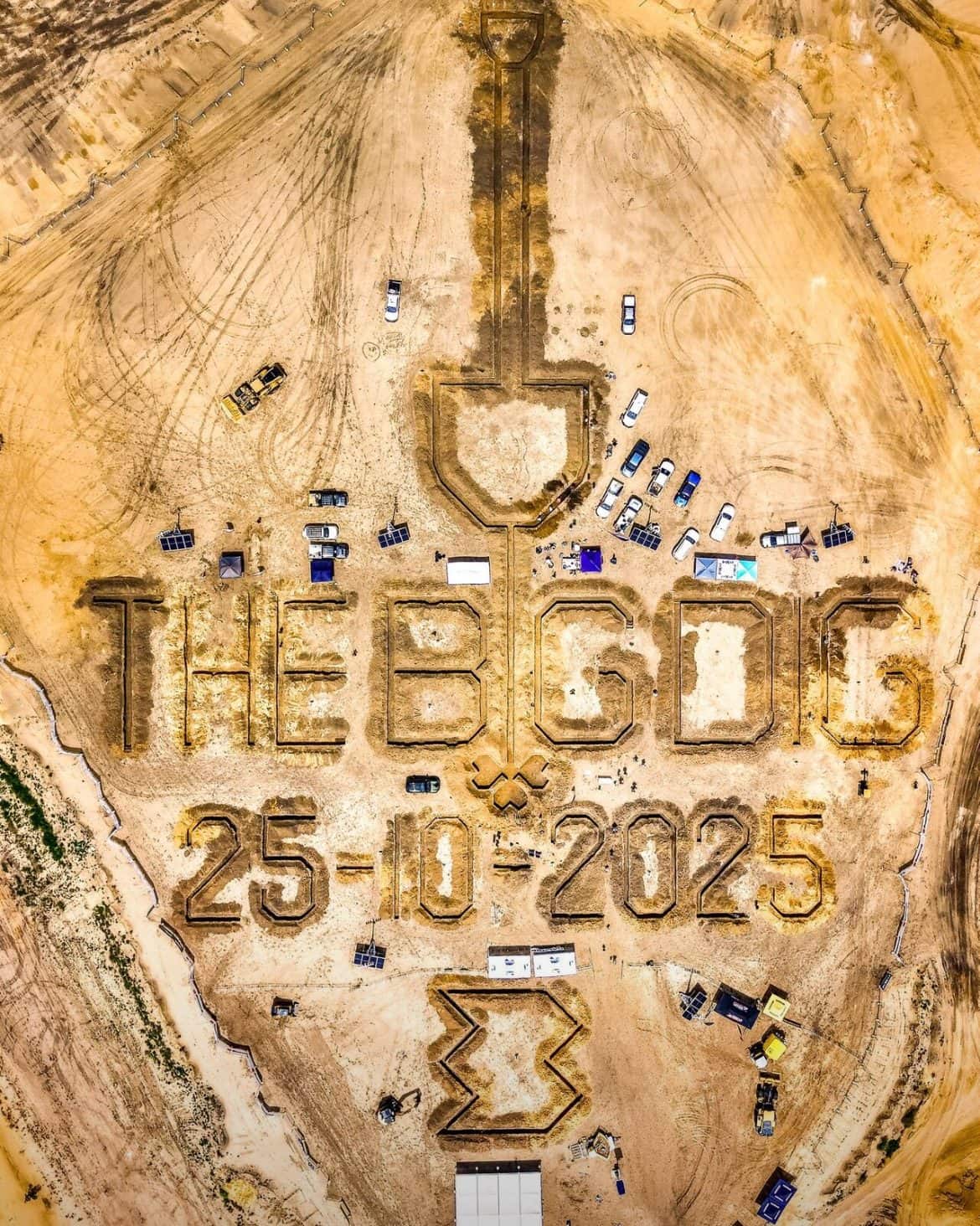 Aerial view of The Big Dig earthworks spelling out THE BIG DIG