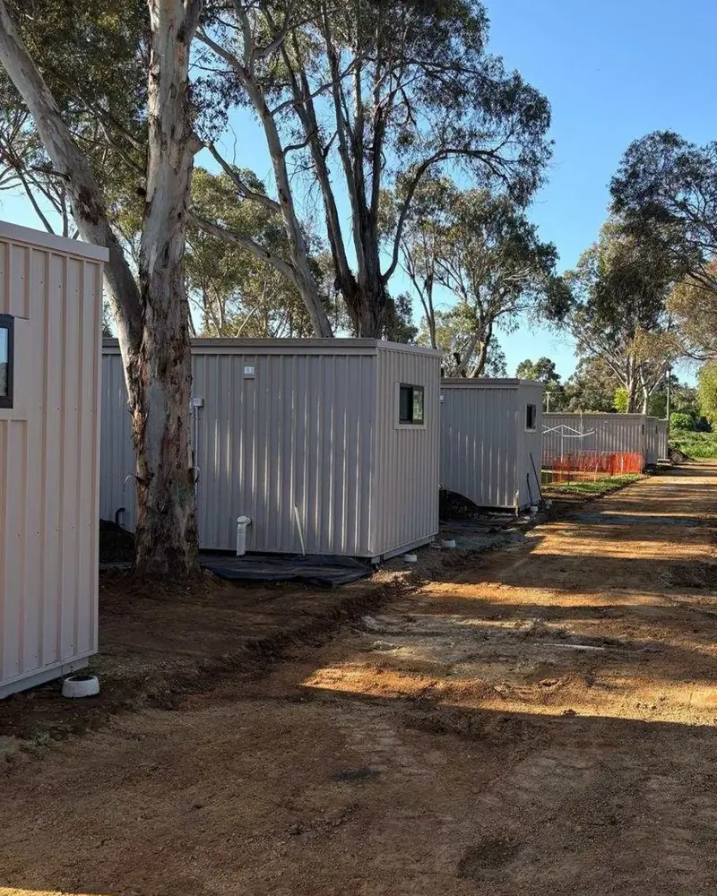 Studio units made by TCD, placed and connected among the gum trees at Harvey Caravan Park
